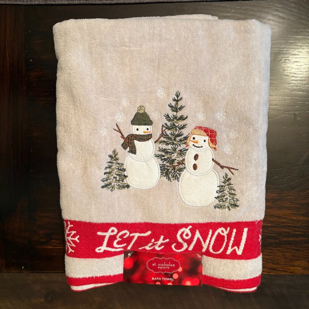 St. Nicholas Square Gray Embroidered Snowman Bath Towel NWT